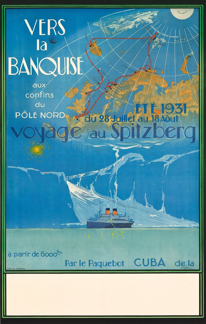 Cartaz publicitário de uma viagem a Spitzberg, Noruega, c.1931 (litografia a cores) de Albert Sébille