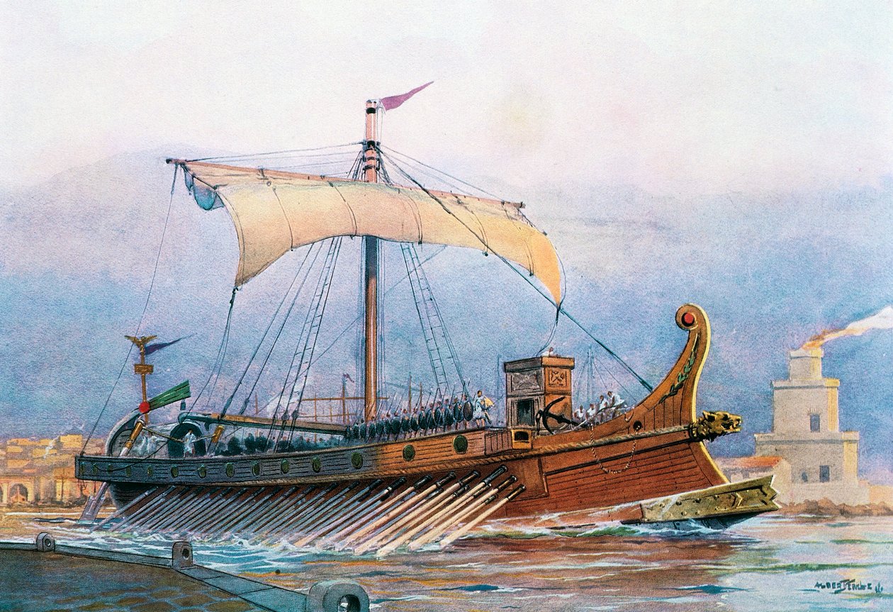 Navio da época imperial romana a sair do arsenal, aguarela de Albert Sebille (1874-1953) de Albert Sébille
