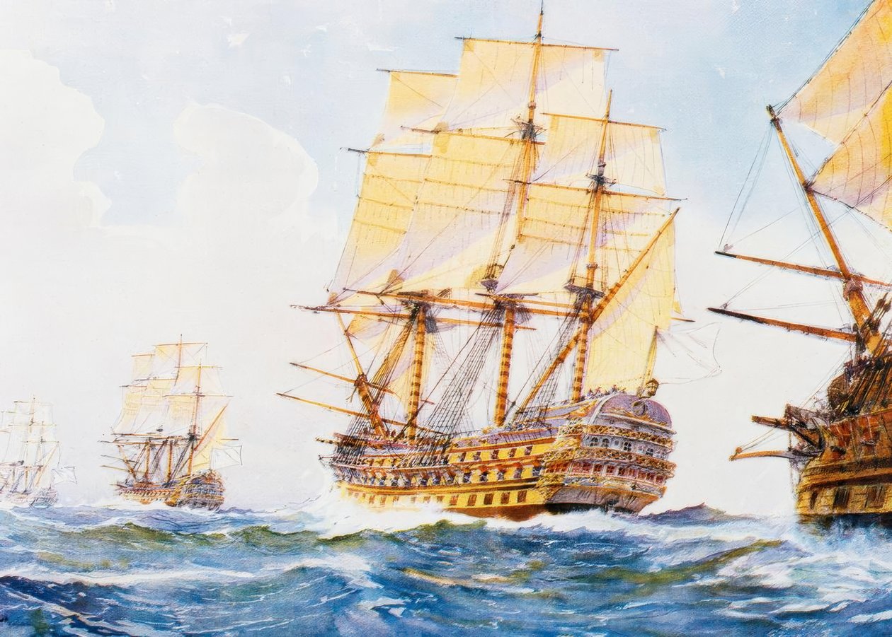 Navios do século XVIII em fila indiana contra o vento a estibordo de Albert Sébille