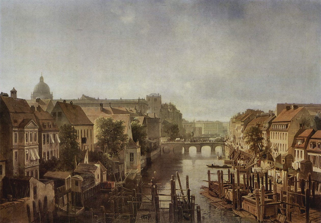 Vista dos moinhos reais em Mühlendamm para a Lange Brücke em Berlim de Albert Schwendy