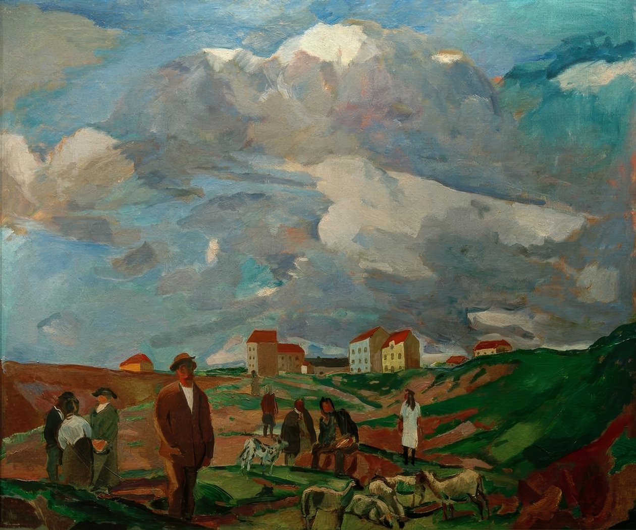 Casas suburbanas (com pessoas e rebanho de ovelhas) de Albert Weisgerber