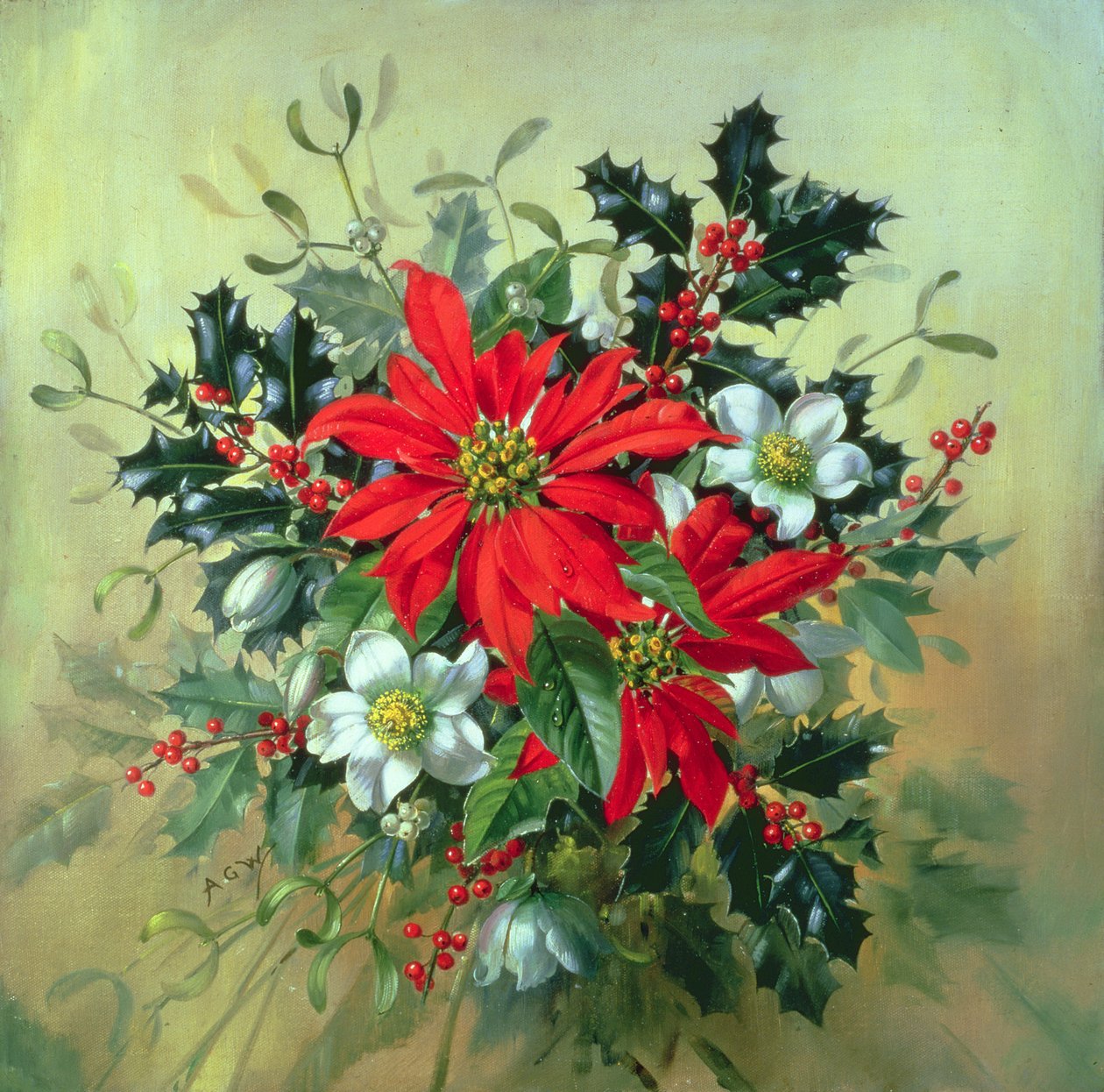 AB130 Um arranjo de Natal com azevinho, visco e outras flores de inverno de Albert Williams