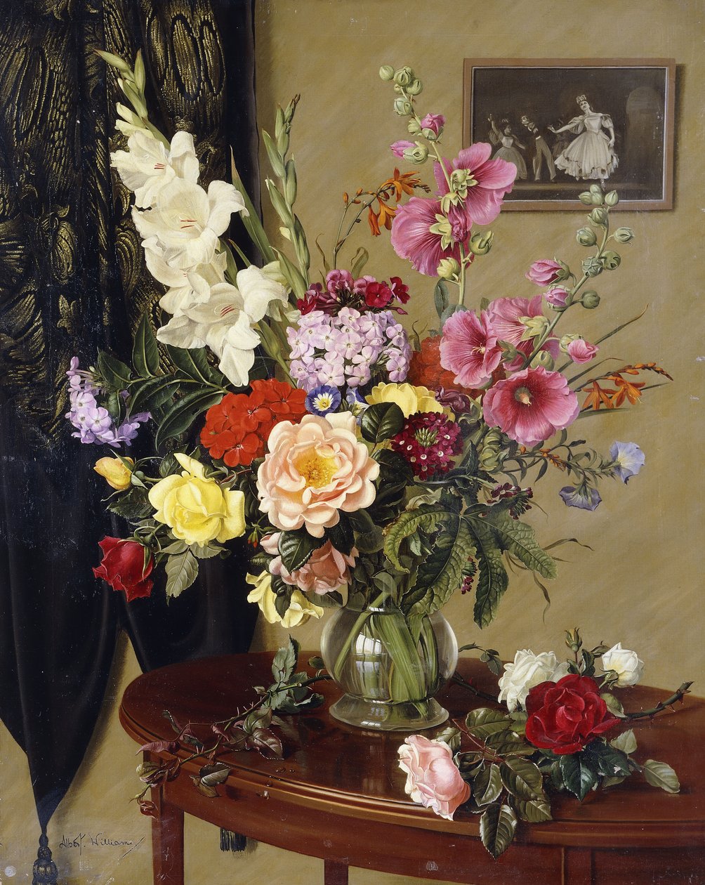 Natureza Morta com Gladioli, Rosas e Hollyhocks antes de uma Cortina Bordada de Albert Williams