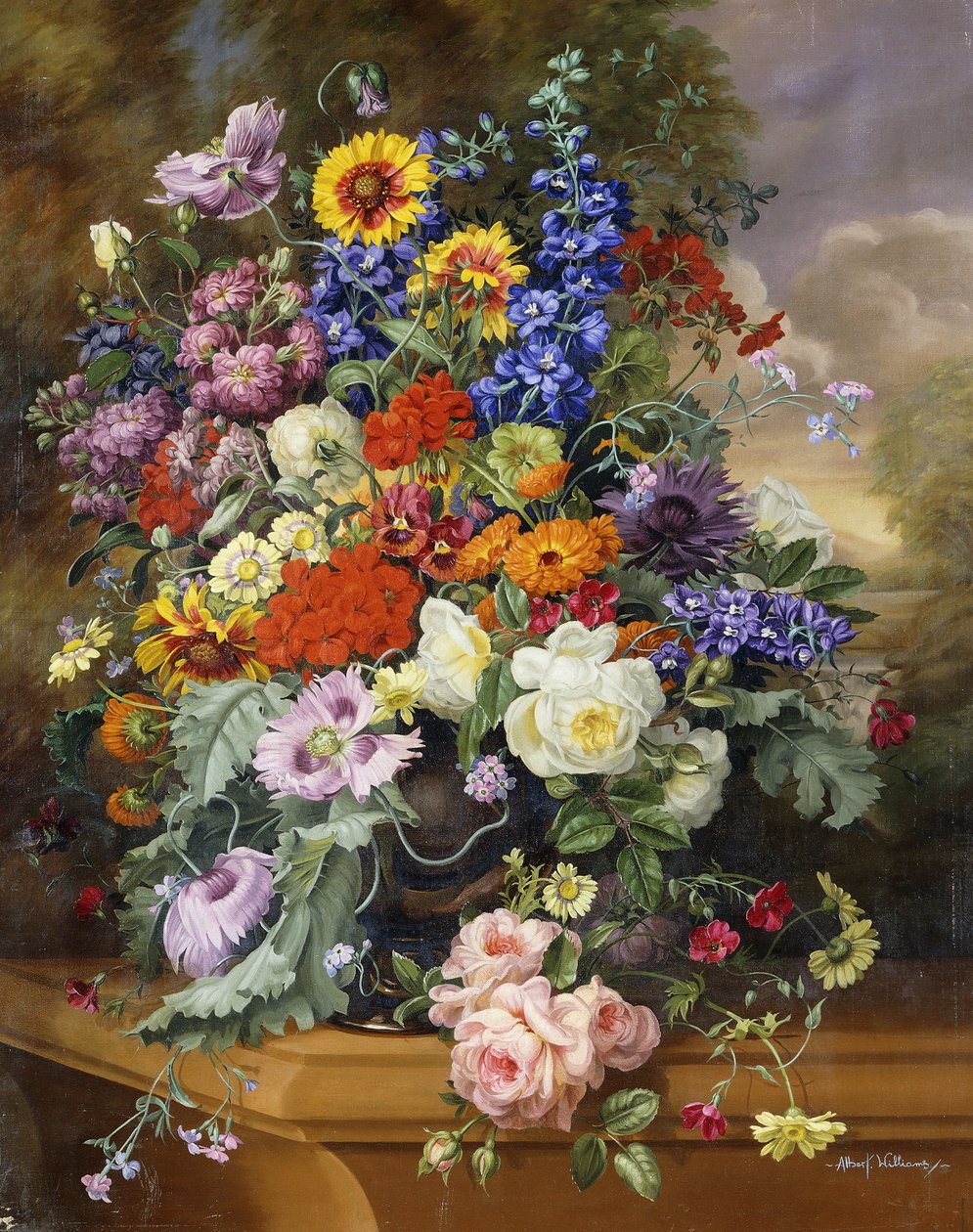 Natureza Morta com Rosas, Delfinios, Papoilas e Calêndulas em uma Ledge de Albert Williams