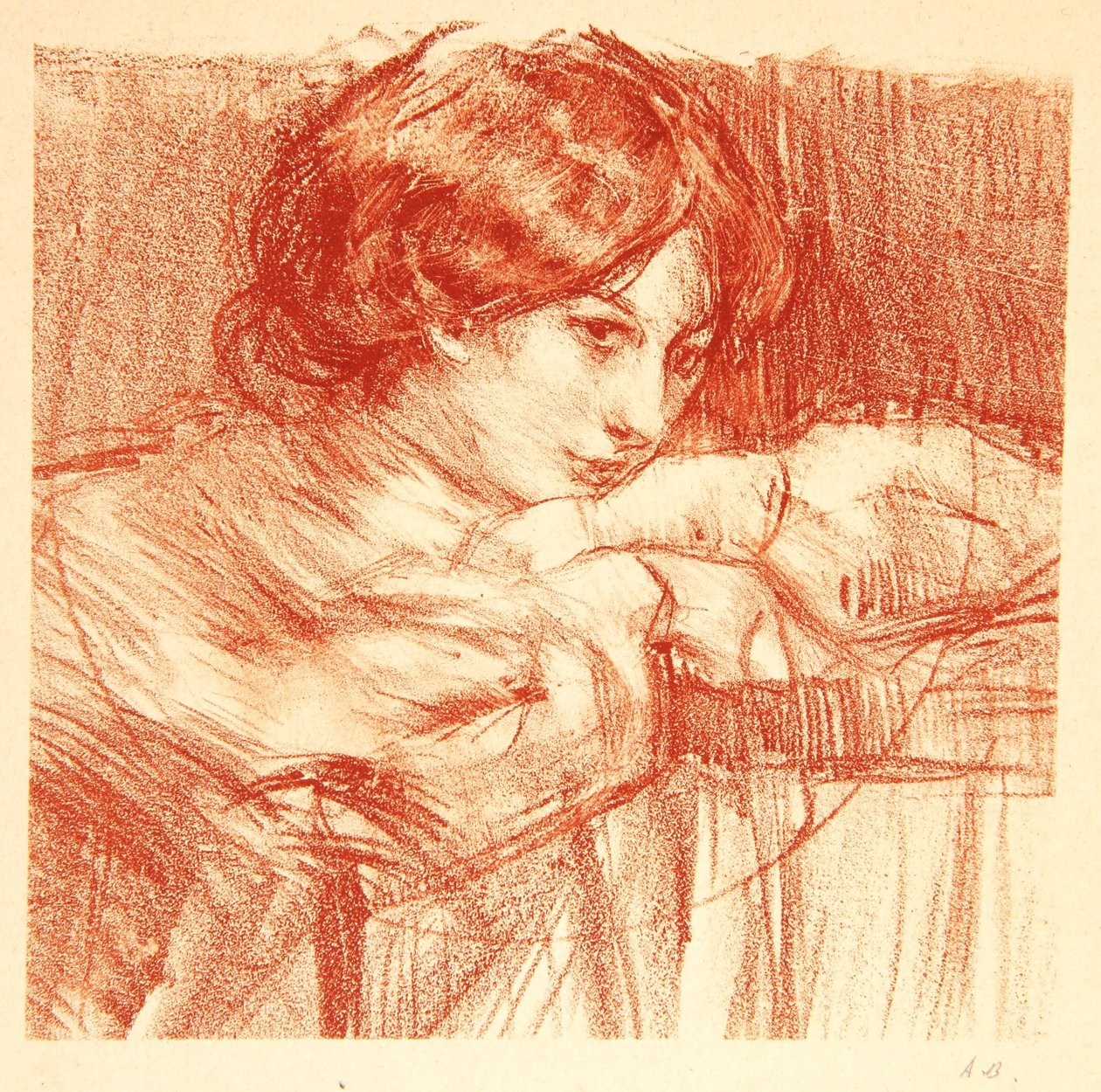 Jovem senhora apoiando-se nas mãos cruzadas, 1902 de Albert de Belleroche