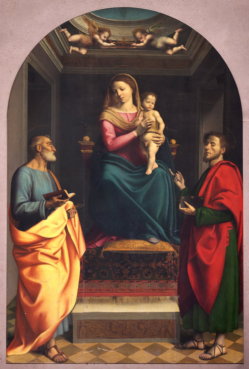 Madona com os Santos Pedro e Lucas, primeiros vinte anos do século XVI (pintura) de Albertino (attr.to) Piazza