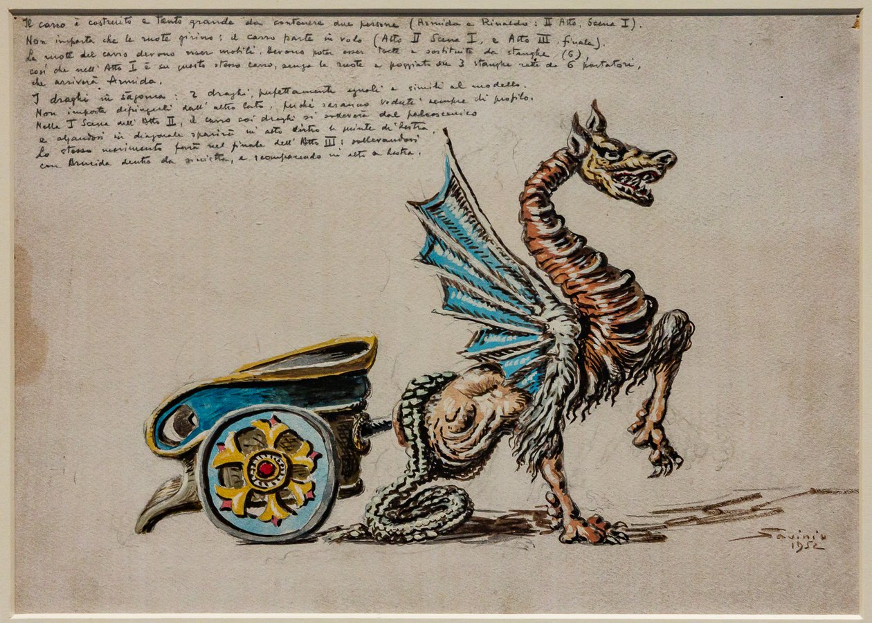 Acto II, primeira cena e terceiro acto, equipamento de palco: A Carruagem da Armida para a Armida, de G. Rossini. de Alberto  Savinio