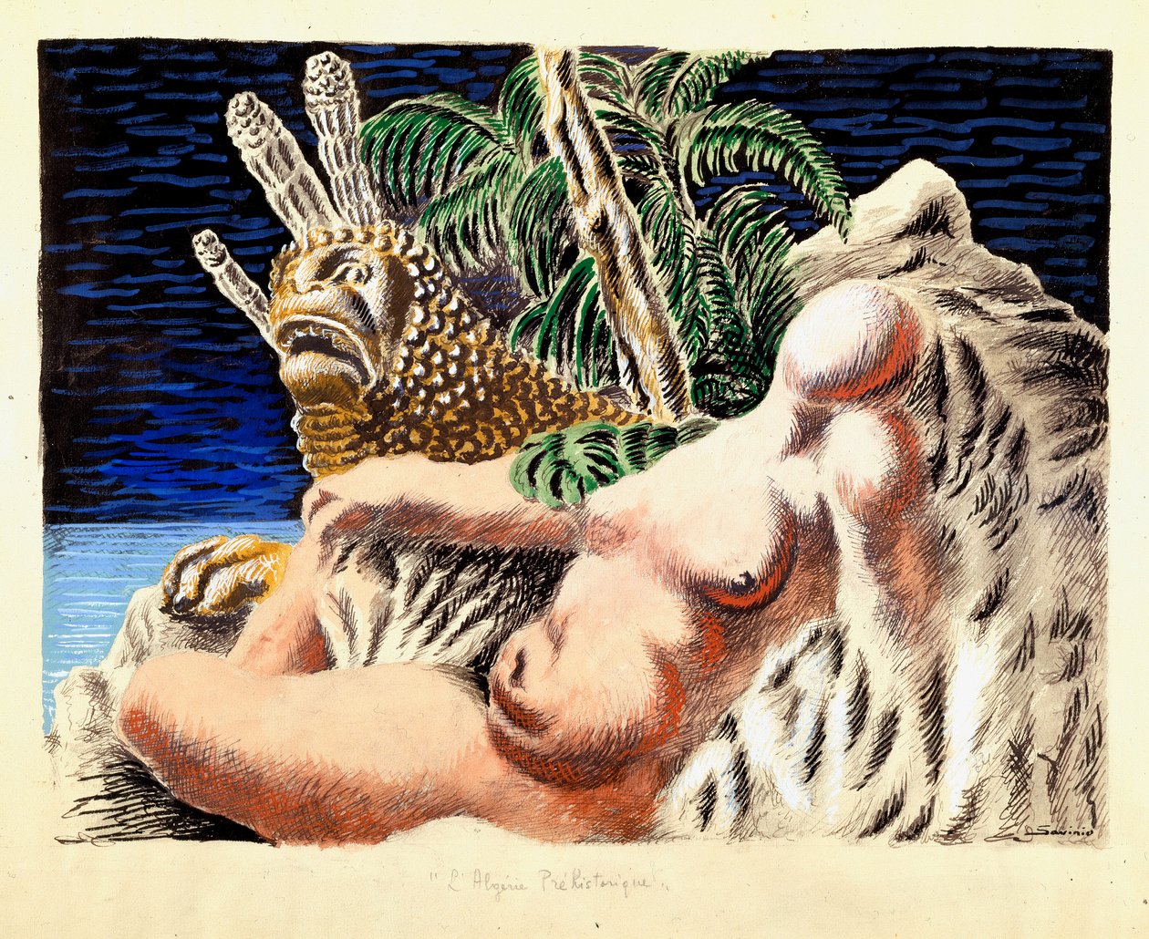 Alegoria da Argélia pré-histórica. Pintura de Alberto Savinio (Andrea de Chirico de Alberto (1891 1952) Savinio