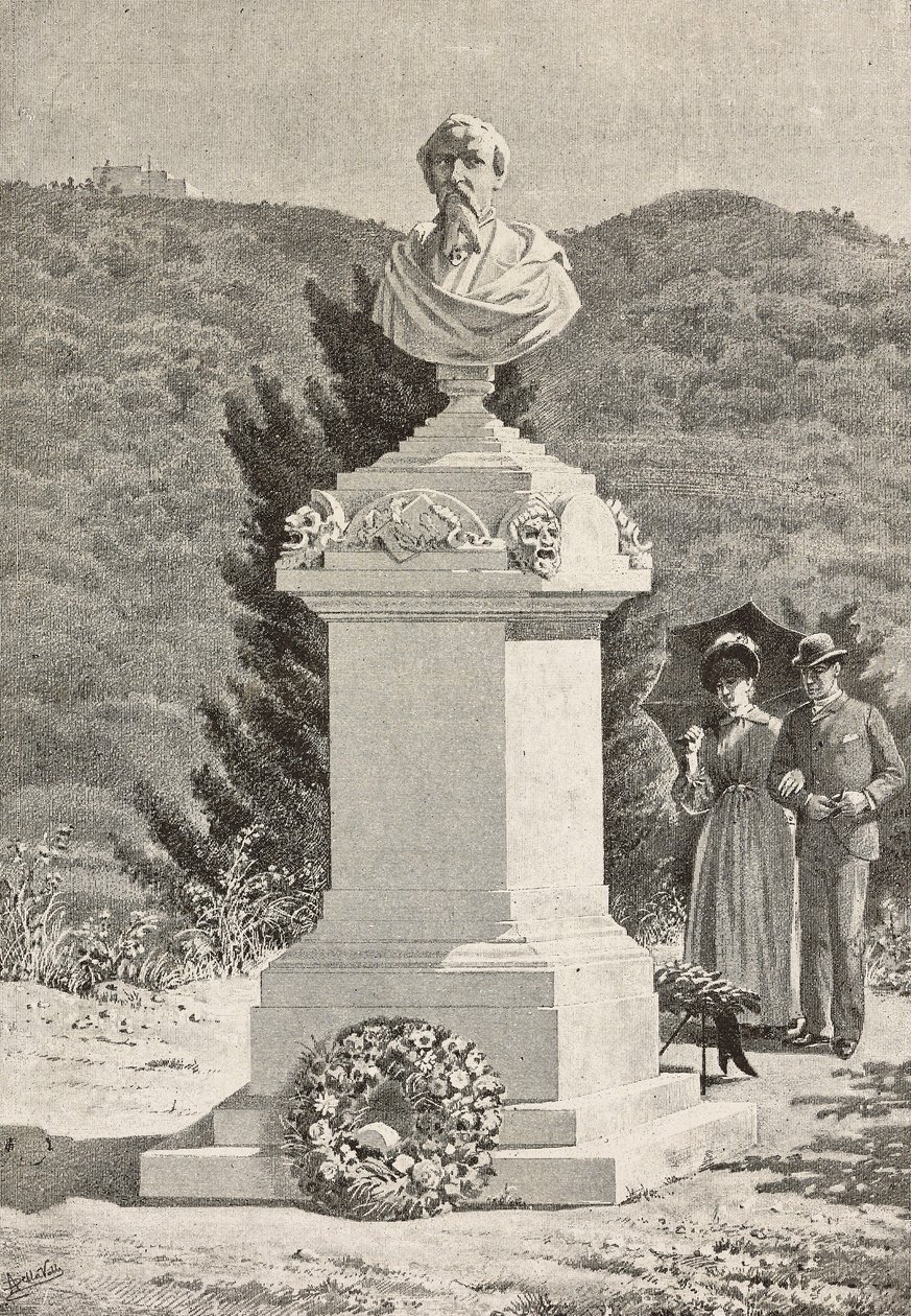 Monumento a Paolo Giacometti (1816-1882) no cemitério de Staglieno, Génova, Itália, gravura a partir de desenho de Alberto della Valle, de L