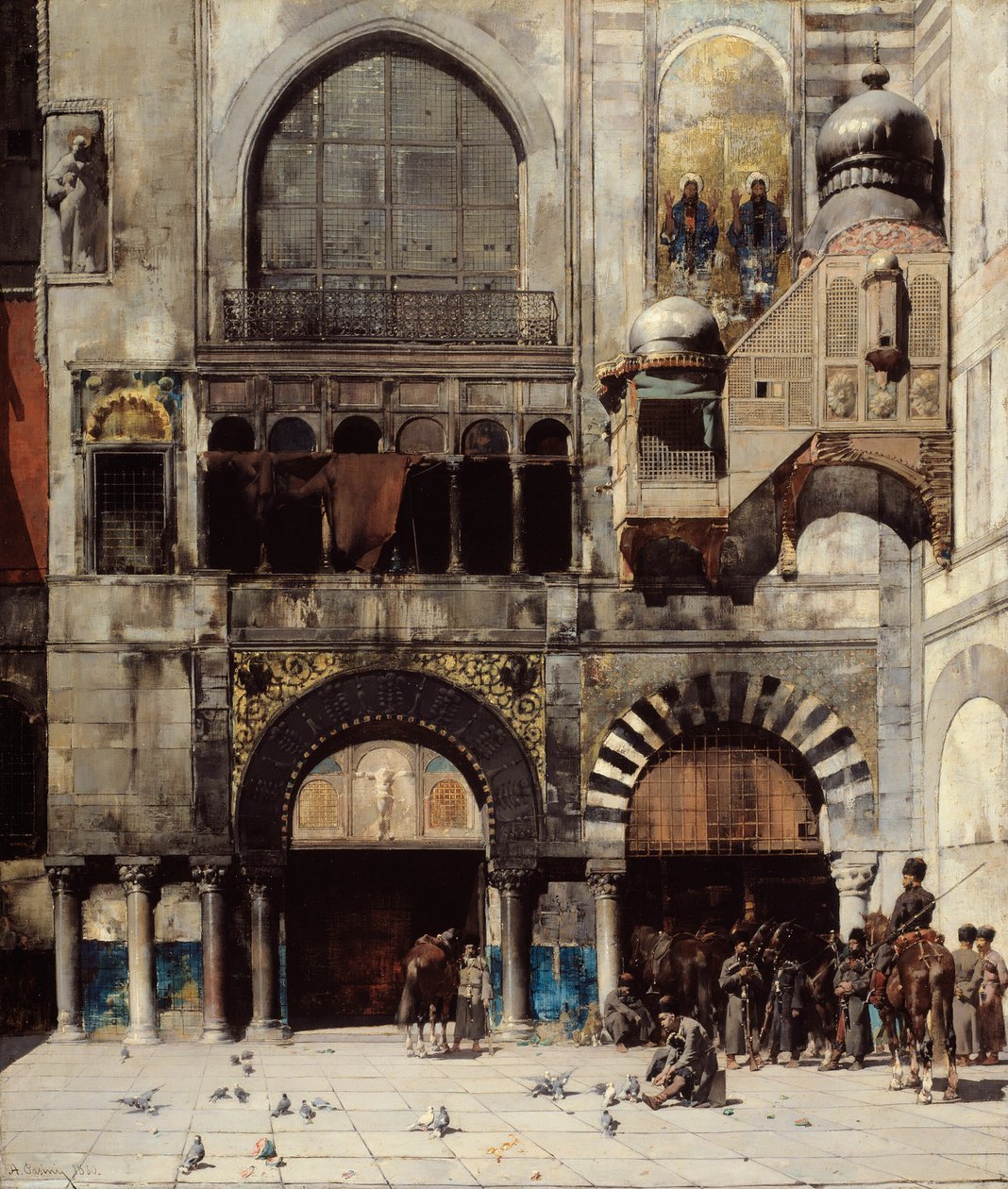 Cavalaria circassiana esperando seu comandante na porta de um monumento bizantino; Memória do Oriente de Alberto Pasini