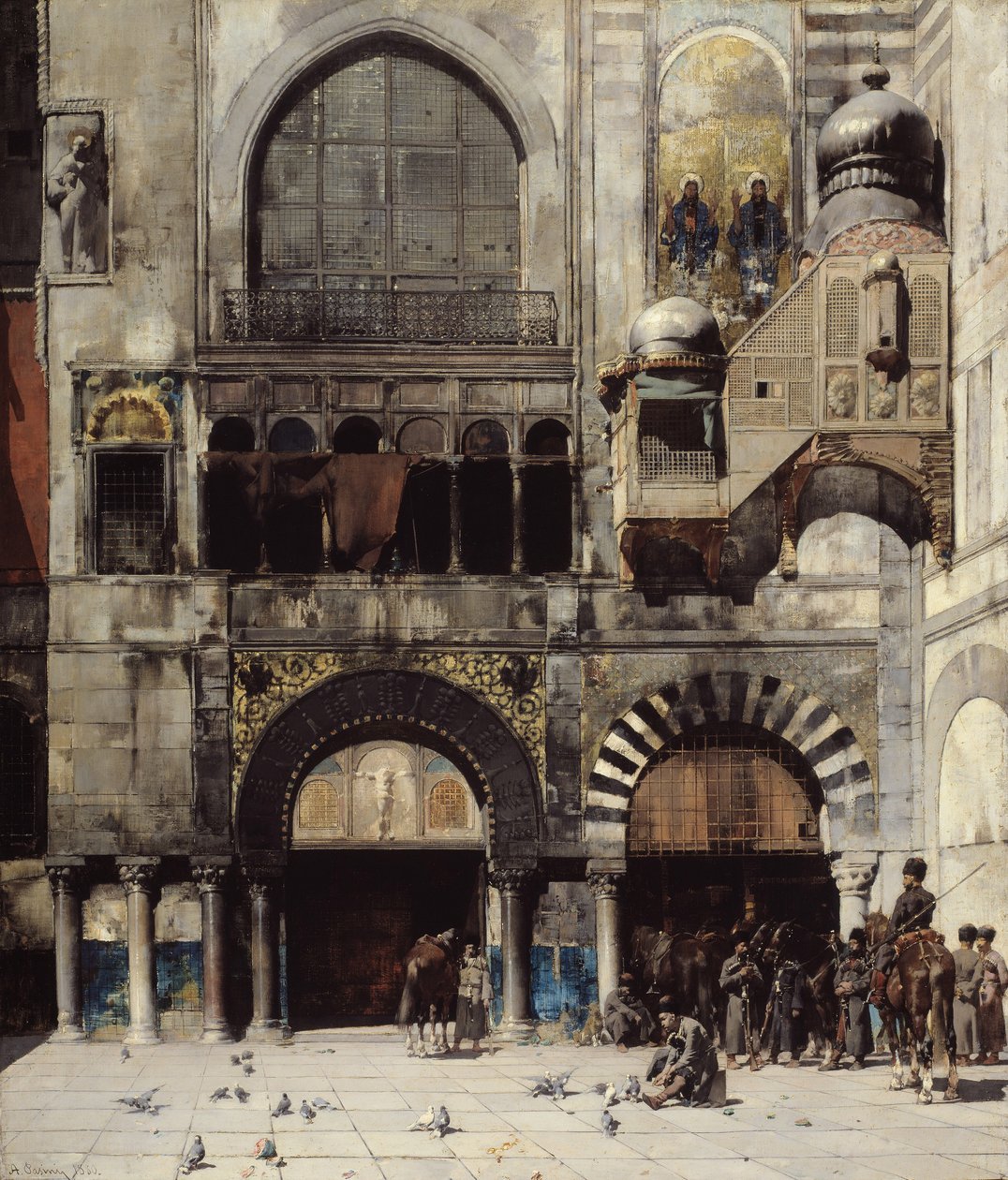Cavalaria circassiana aguardando seu oficial comandante na porta de um monumento bizantino, Memória do Oriente, 1880 de Alberto Pasini