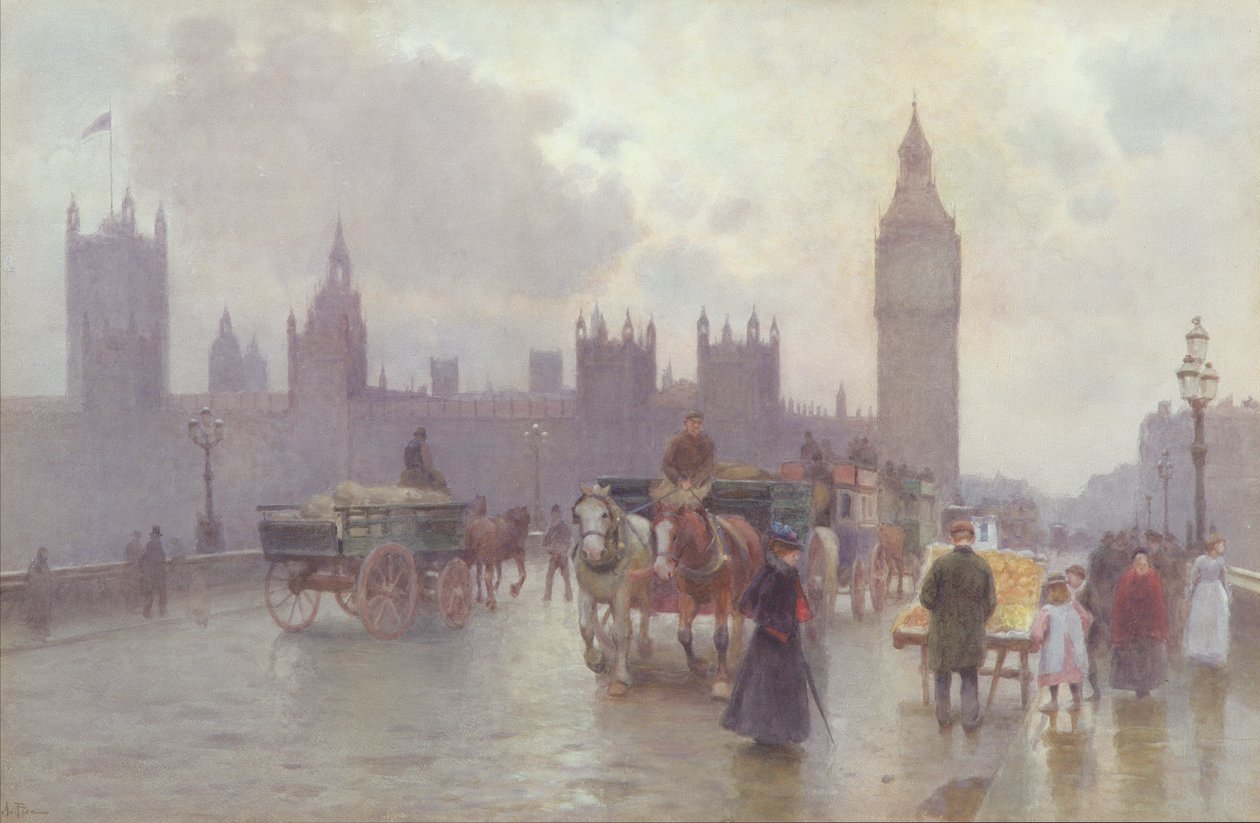 As Casas do Parlamento da Ponte de Westminster, c.1900 (wc no papel) de Alberto Pisa