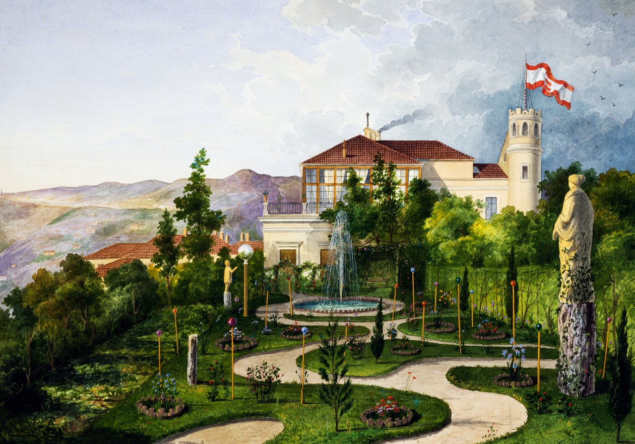 Exterior com jardim, a sudoeste de Villa Lazzarovic residência Trieste de Maximilian dos Habsburgos (1832-1867) de Alberto Prosdocini or Prosdocimi