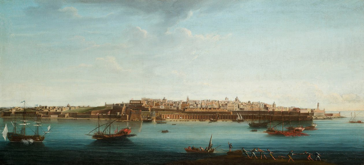Uma de um conjunto de sete vistas de Valletta, Malta e seus arredores, c.1753 (óleo sobre tela) de Alberto Pullicino