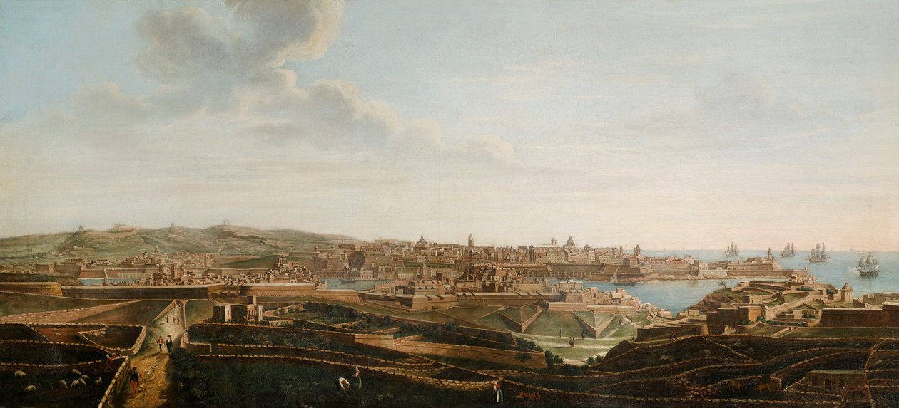 Uma de um conjunto de sete vistas de Valletta, Malta e seus arredores, c.1753 (óleo sobre tela) de Alberto Pullicino