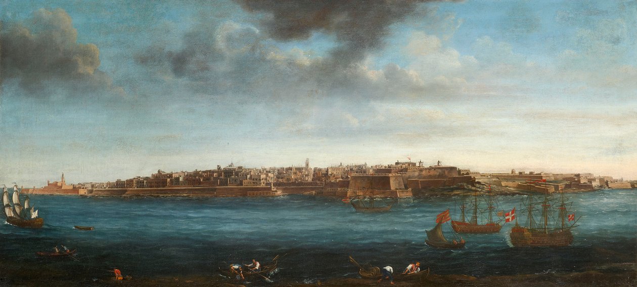 Uma de um conjunto de sete vistas de Valletta, Malta e seus arredores, c.1753 (óleo sobre tela) de Alberto Pullicino