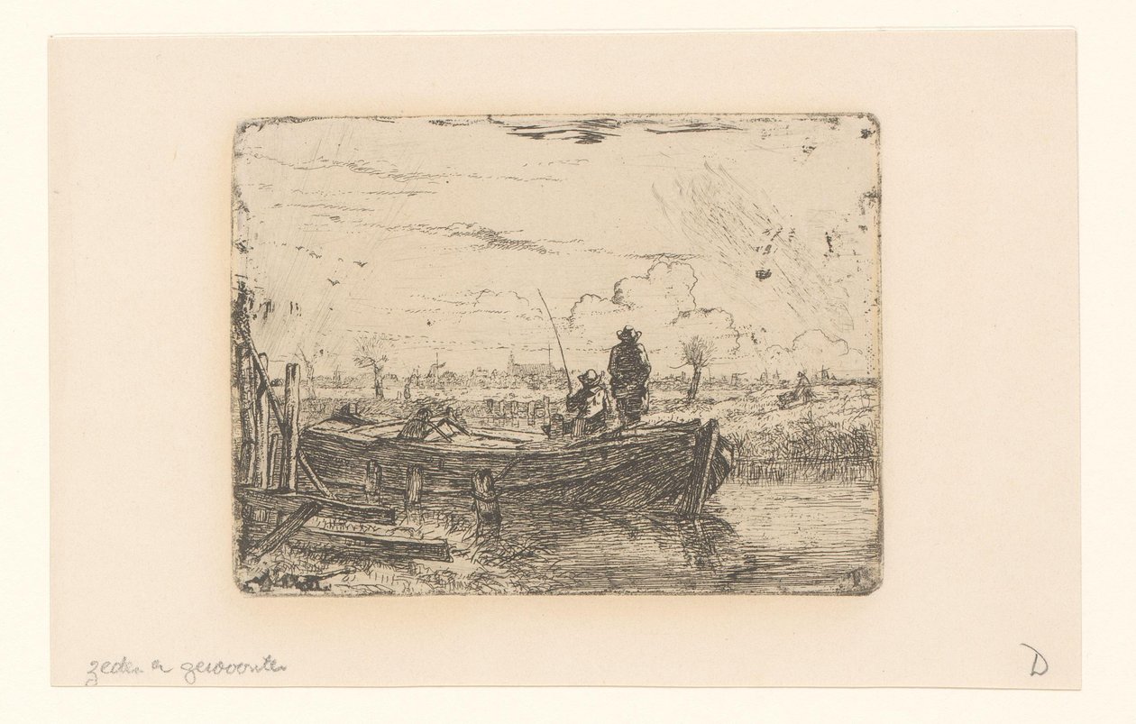 Paisagem de polder com dois homens em um barco de Albertus Brondgeest