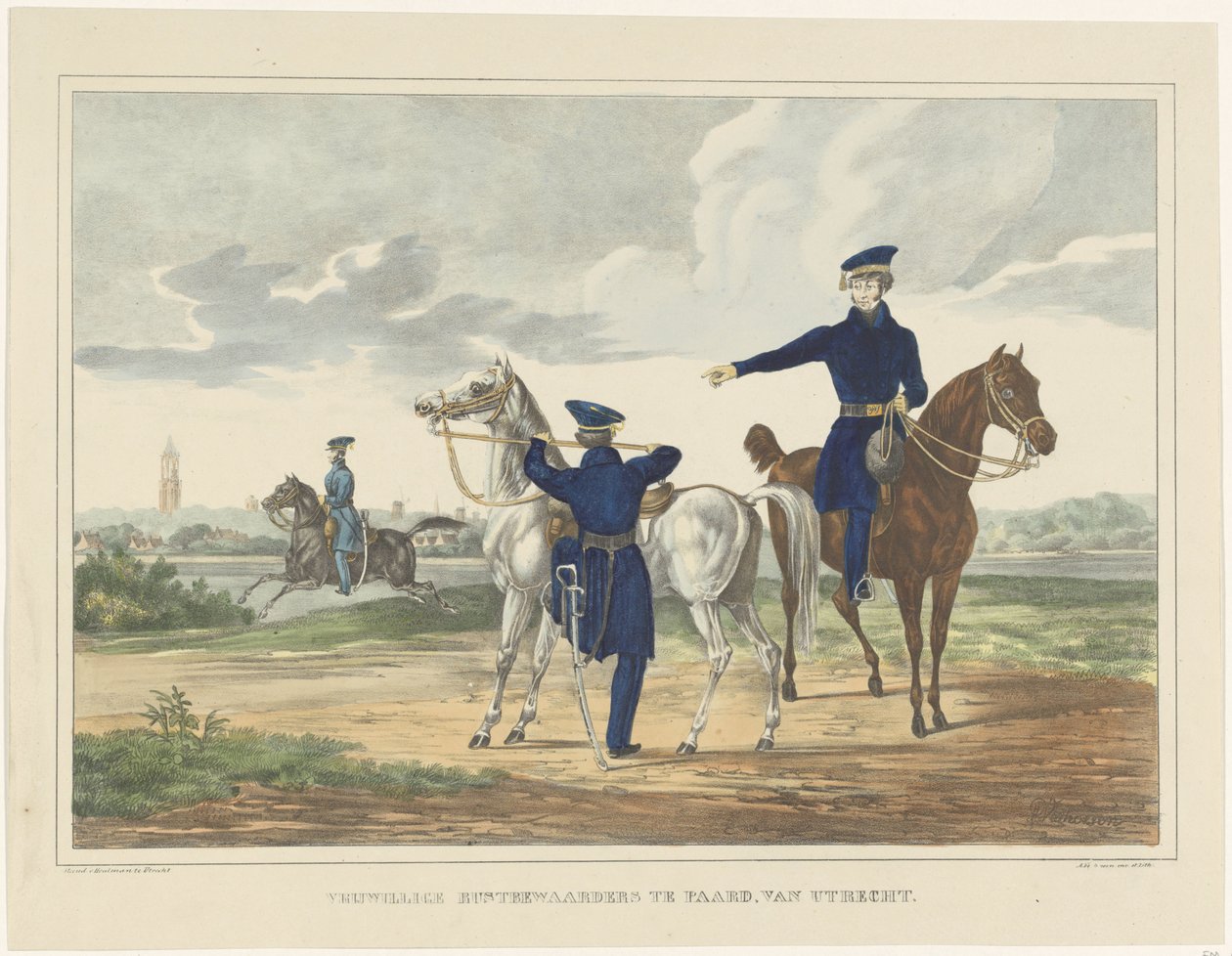 Guardadores de descanso voluntários a cavalo de Utrecht, 1830 Guardadores de descanso voluntários a cavalo, de Utrecht (título no objeto) de Albertus Verhoesen