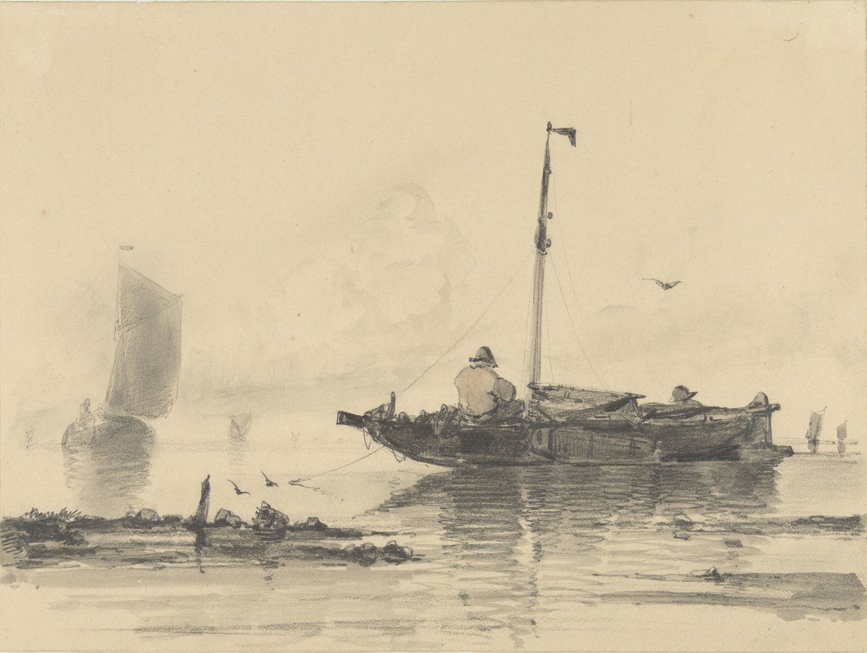 Dois homens em um barco em águas calmas de Albertus van Beest