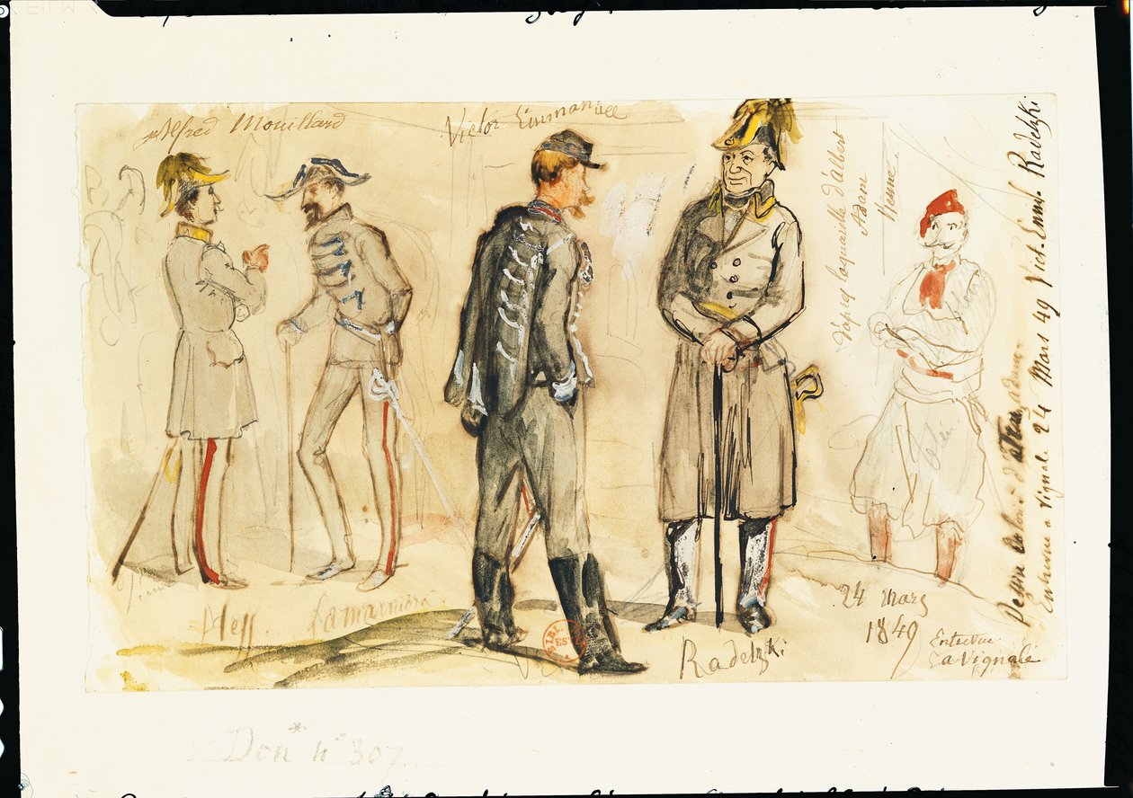 Rei Vittorio Emanuele II (1820-78) Encontro com Joseph Radetsky de Radetz (1766-1858) em Vignale, 24 de março de 1849 (caneta e tinta e papel higiênico) de Albrecht Adam
