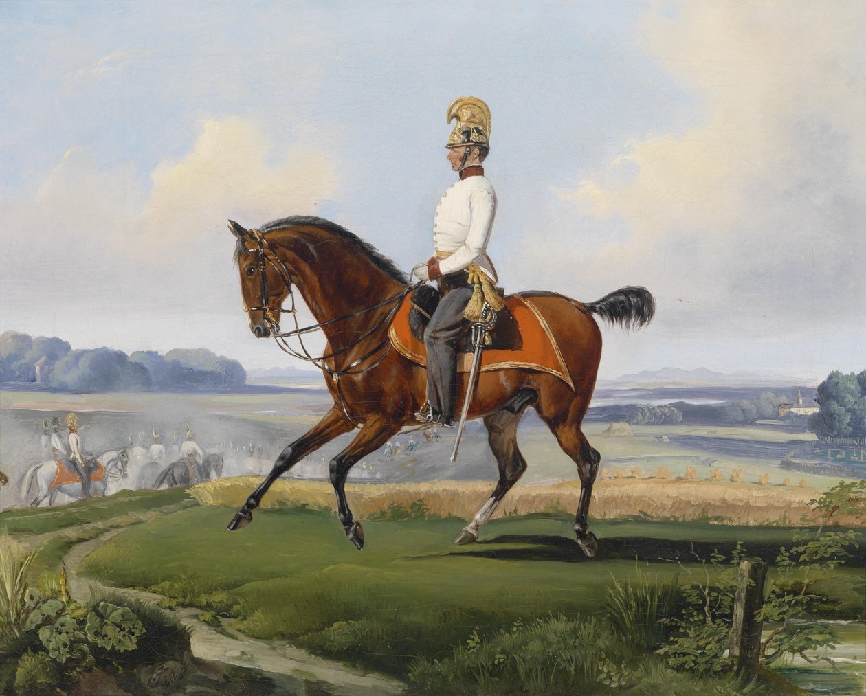 Tenente Theodor v. Klein (Zehlendorf 1803-1863 Geltschberg) no uniforme do kk Dragoon Regiment n º 3 em um passeio de prática de Albrecht Adam