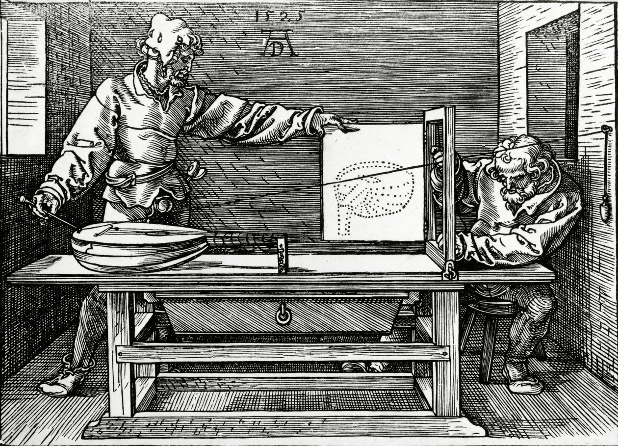Um artista que desenha um alaúde com a ajuda de um aparato de perspectiva, ilustração de "Quatro Livros sobre Medição" de Durer, publicada em 1525 de Albrecht Dürer