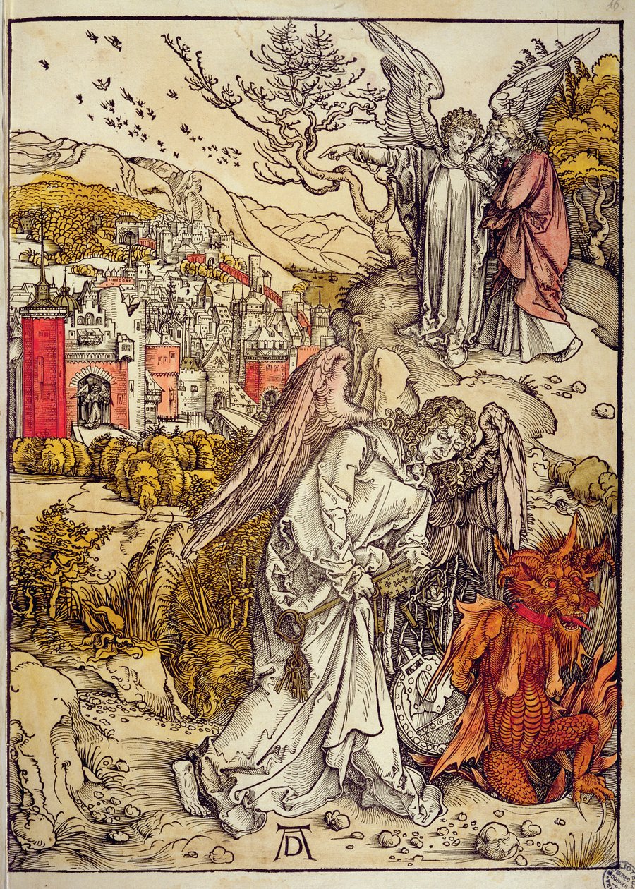 Anjo com a Chave do Abismo, 1498 (cor xilogravura) de Albrecht Dürer