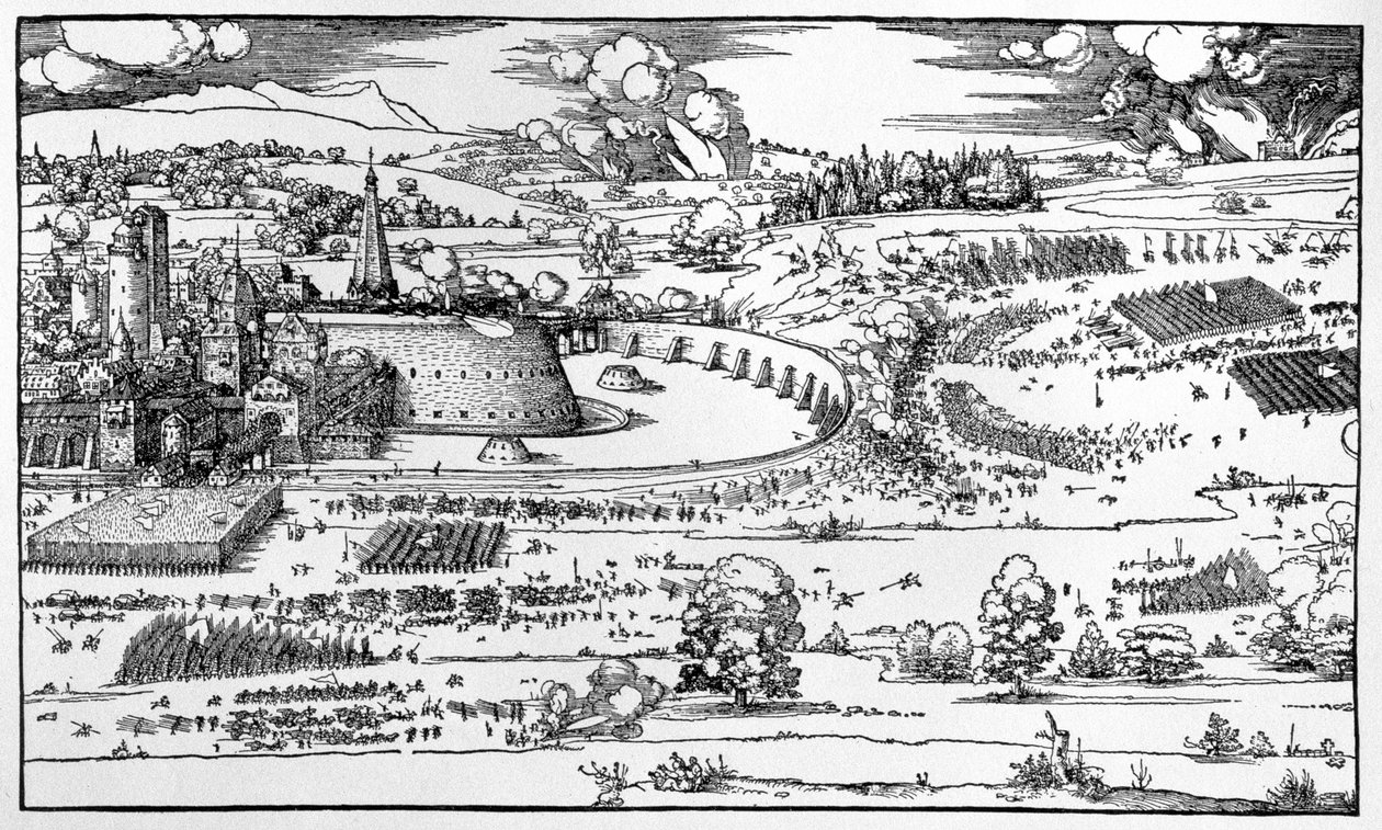 Demonstração de medidas defensivas para proteger uma cidade contra um exército sitiante, detalhe do lado esquerdo de uma placa do tratado do artista "Ensinar sobre a fortificação de cidades, castelos e lugares", de Albrecht Dürer