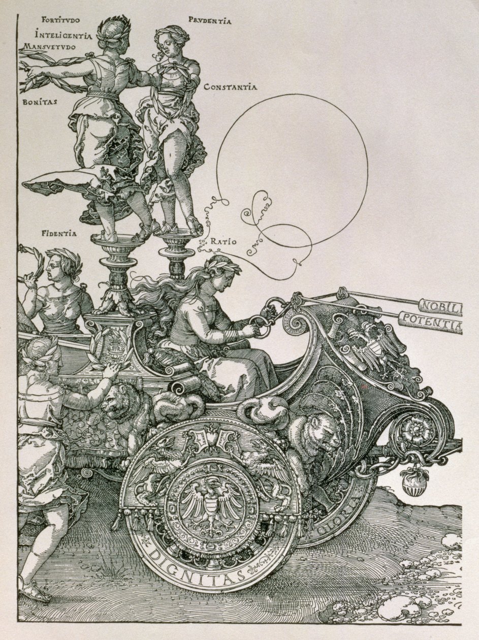 Projeto para "A Grande Carruagem Triunfal do Imperador Maximiliano I": detalhe mostrando as Virtudes dirigindo a equipe de cavalos, planejada por Willibald Pirckheimer, pub. c.1518 (veja também 77582) de Albrecht Dürer