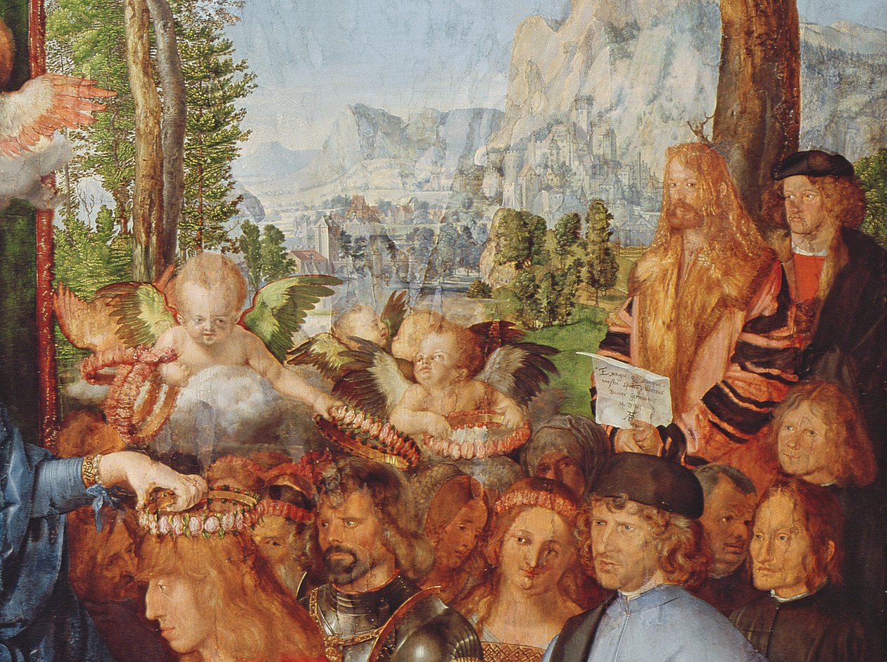 Detalhe de &39;A Festa do Rosário&39; mostrando o auto-retrato de Dürer com barba e longos cabelos loiros em um casaco de pele em pé na frente de uma árvore e segurando um pergaminho na mão, 1506 (ver de Albrecht Dürer