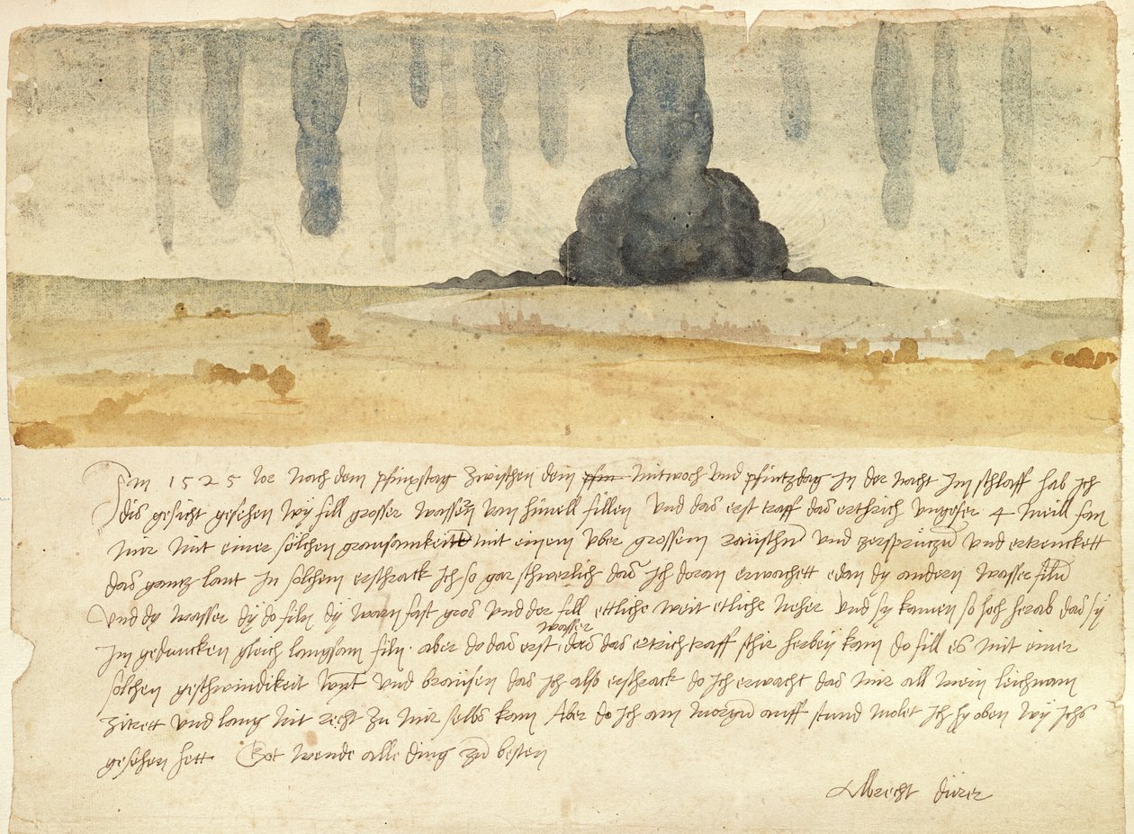 Paisagem de sonho com texto, 1526 (caneta e tinta no papel) de Albrecht Dürer