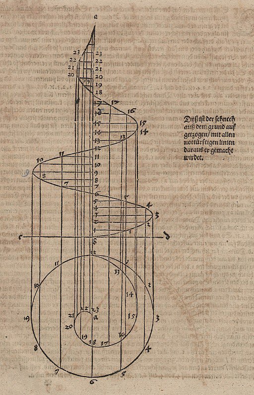 Solo e elevação de uma espiral cônica com linhas auxiliares de Albrecht Dürer