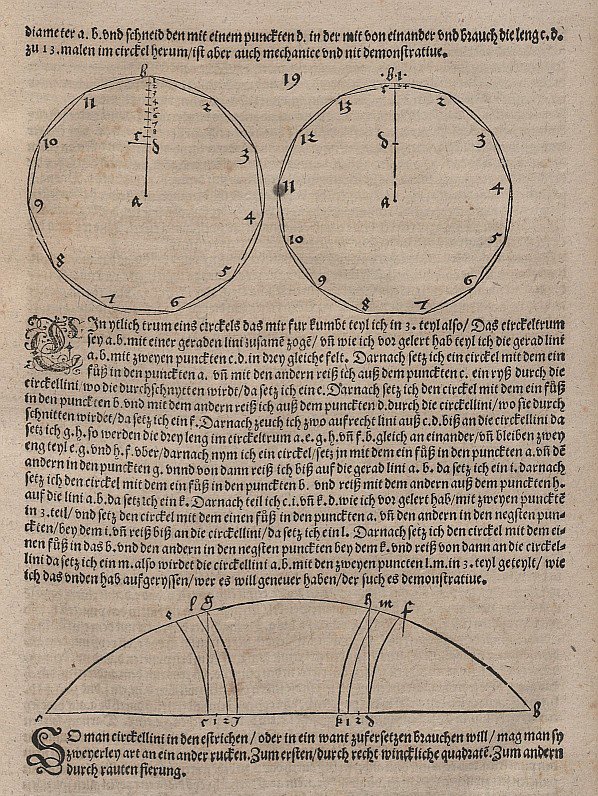 Construção de onze e treze cantos regulares de distração de arco circular de Albrecht Dürer