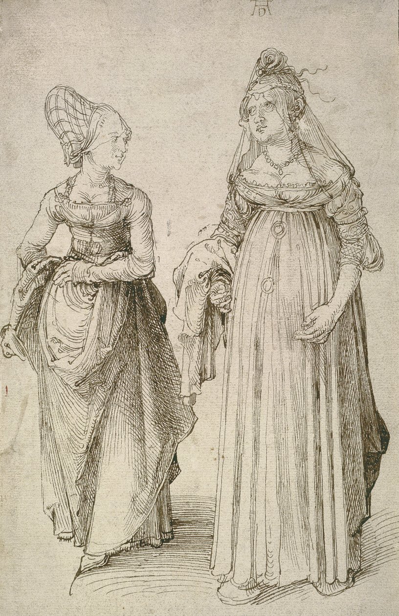 Senhora em vestido veneziano contrastada com um Nuremberg Hausfrau de Albrecht Dürer