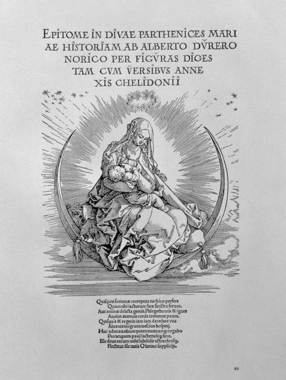 Madonna como mãe que amamenta e ser divino, página de título da série "The Life of the Virgin", pub. 1511 de Albrecht Dürer