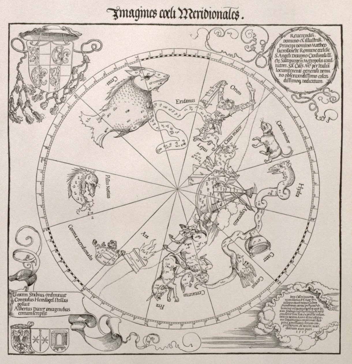 Mapa do Céu Meridional, com representações de constelações, decoradas com o brasão do cardeal Lang von Wellenburg, e uma dedicação a ele com seus brasões de armas e os direitos autorais do Império, 15 de Albrecht Dürer