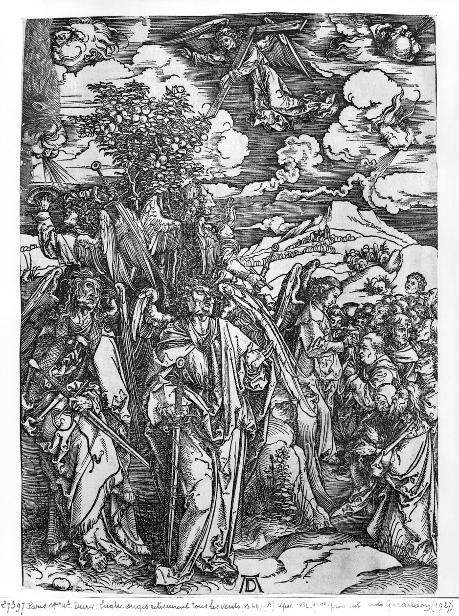 Cena do Apocalipse, os quatro anjos segurando os ventos, edição em latim, 1511 de Albrecht Dürer