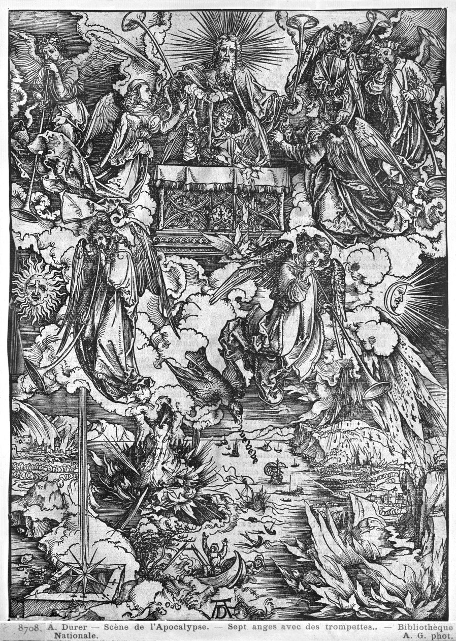 Cena do Apocalipse, A Abertura do Sétimo Selo, Os Sete Anjos com as trombetas, Edição Latina, 1511 de Albrecht Dürer