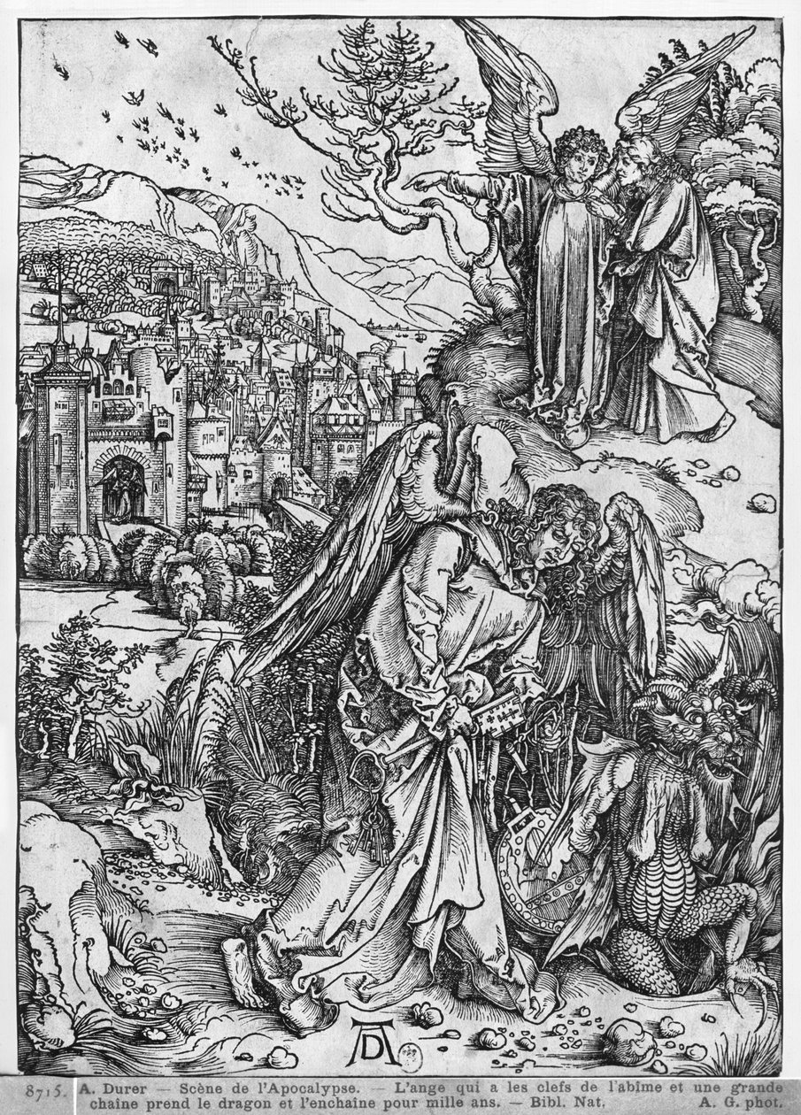 Cena do Apocalipse, O anjo segurando as chaves do abismo e uma grande cadeia, enchain o dragão por mil anos, edição em latim, 1511 de Albrecht Dürer
