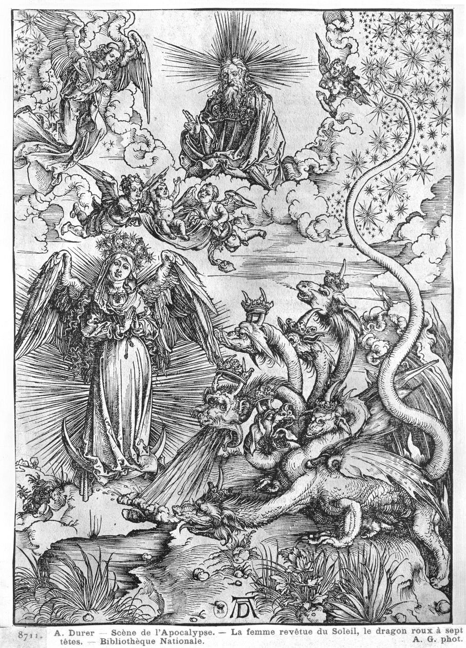 Cena do Apocalipse, A mulher vestida de sol e o dragão de sete cabeças, edição latina, 1511 de Albrecht Dürer