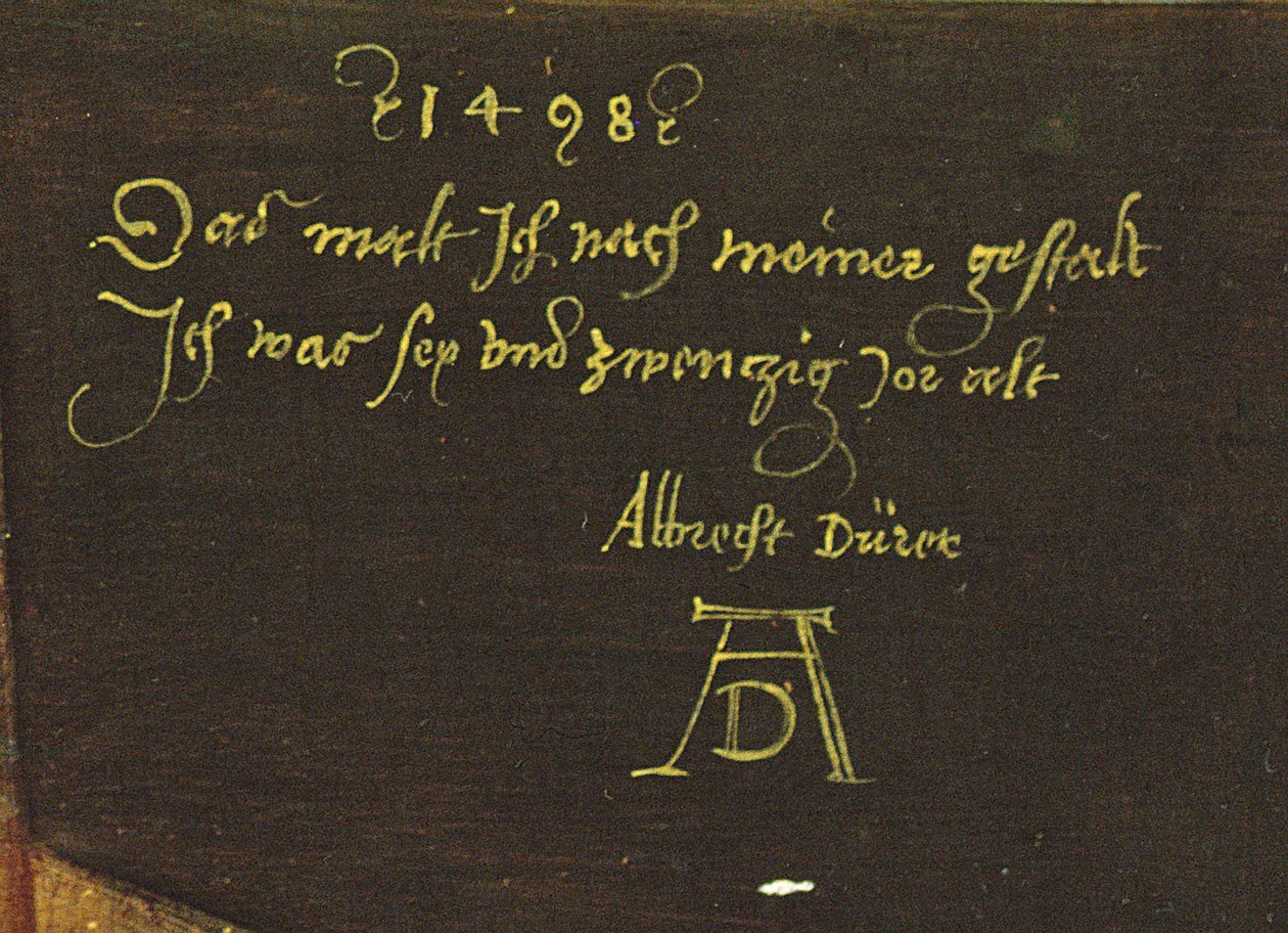 Auto-retrato com luvas, detalhe da assinatura, 1498 (detalhe de 545) de Albrecht Dürer