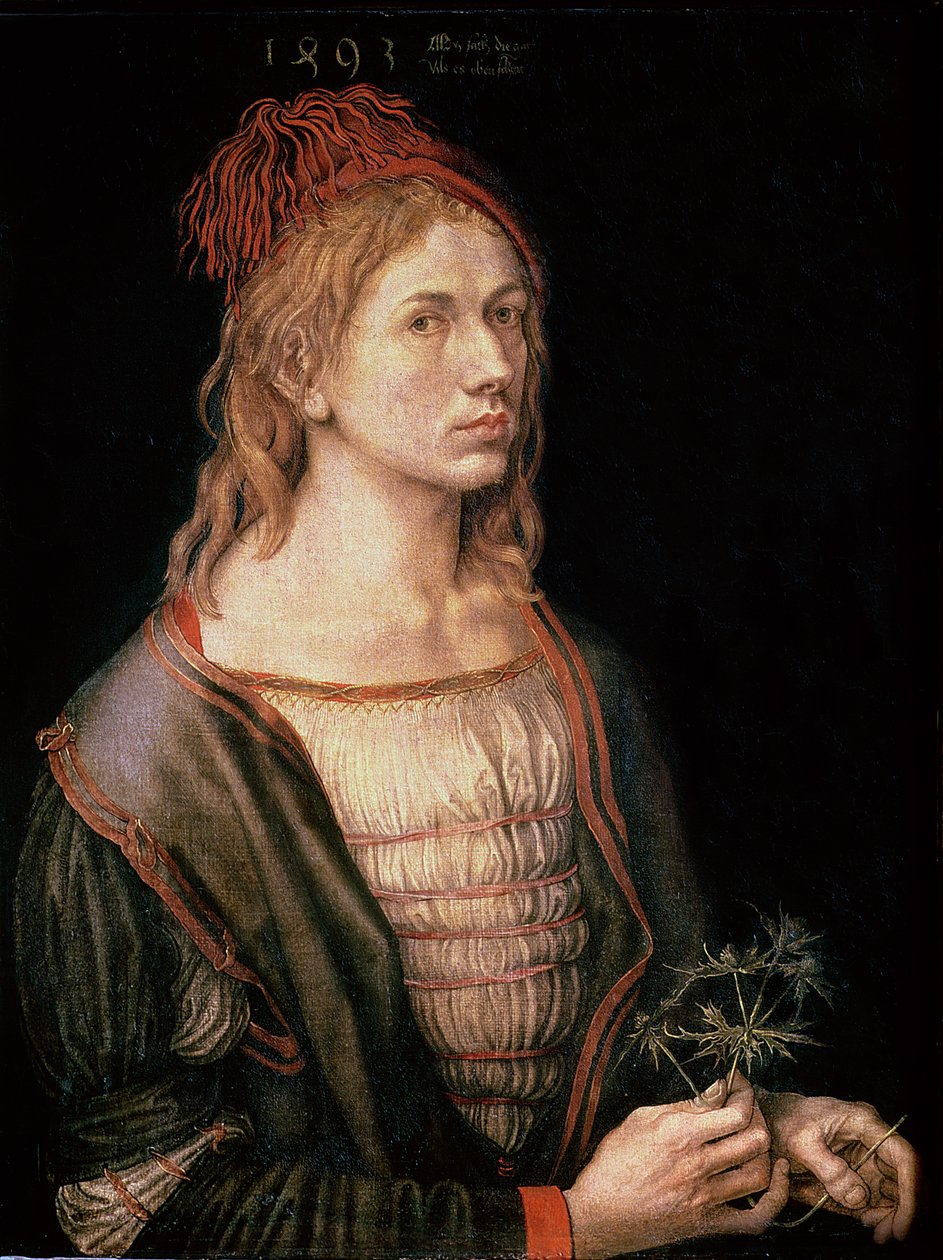 Auto-retrato com um cardo, 1493 (óleo sobre velino) de Albrecht Dürer