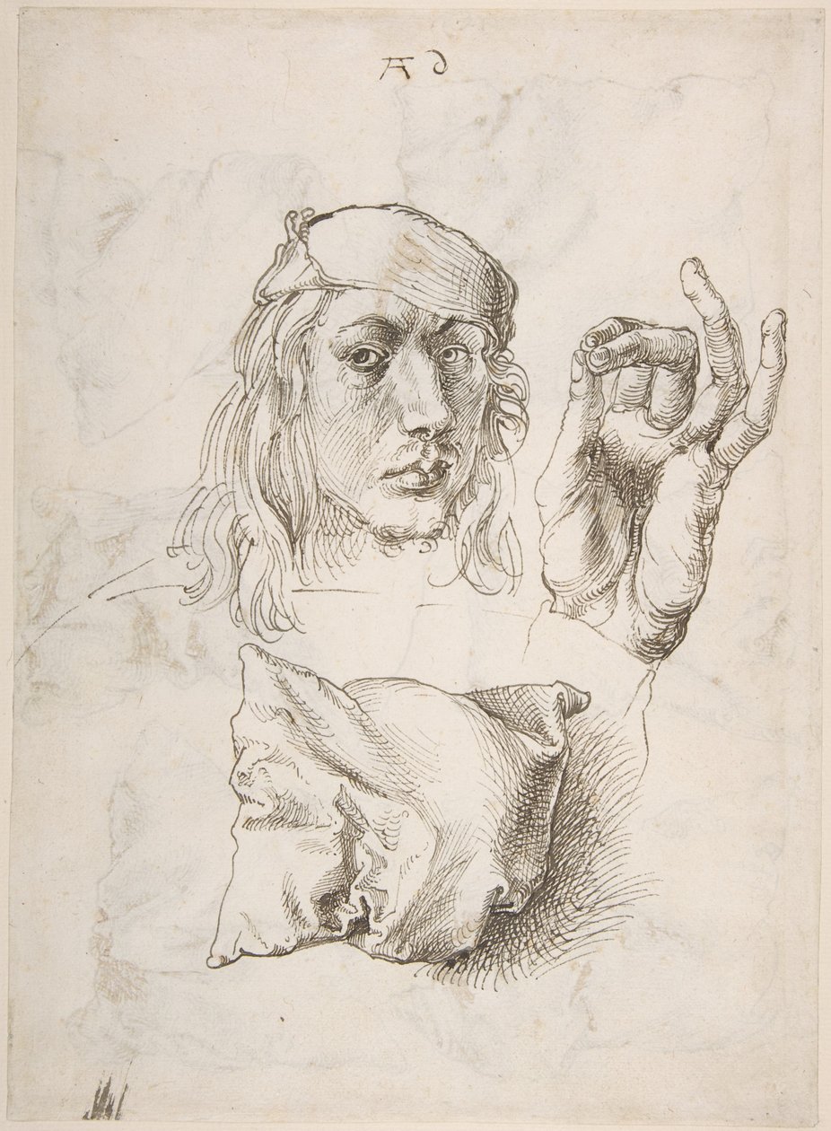 Auto-retrato, estudo de uma mão e um travesseiro de Albrecht Dürer