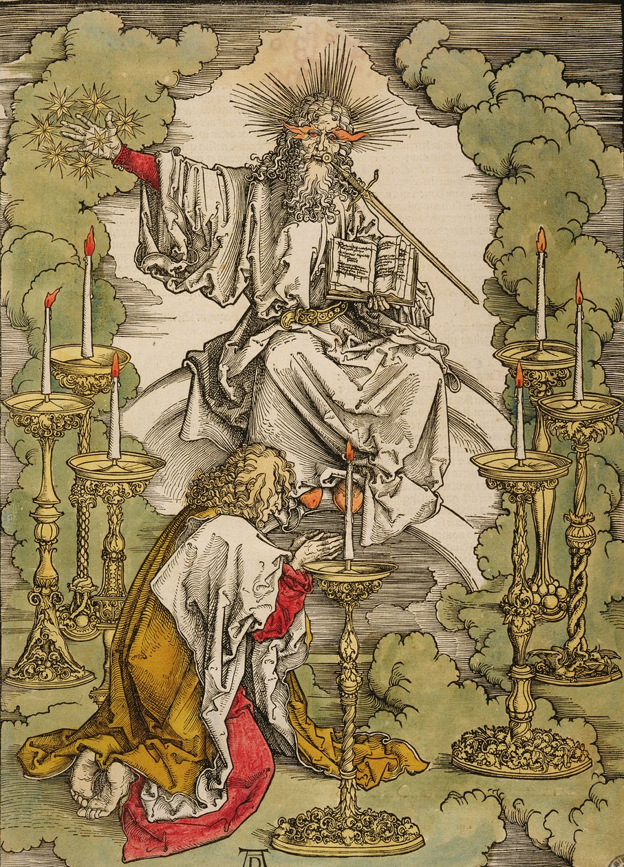 São João na Ilha de Patmos recebe inspiração de Deus para criar o Apocalipse de 1498 (cor xilogravura) de Albrecht Dürer