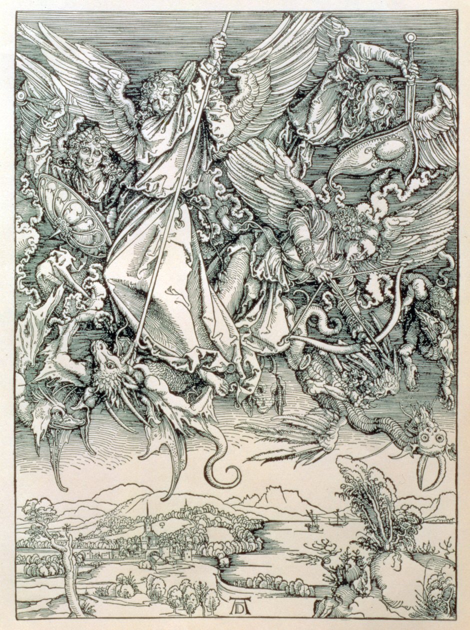 St. Michael Battling com o Dragão do "Apocalipse" ou "As Revelações de São João, o Divino", pub. 1498 de Albrecht Dürer