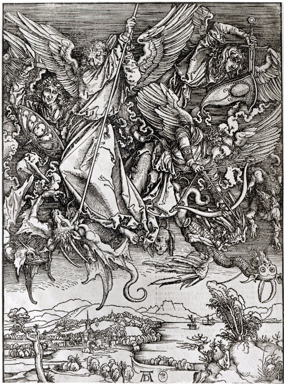 São Miguel e o Dragão, de uma edição latina, 1511 (xilogravura) de Albrecht Dürer