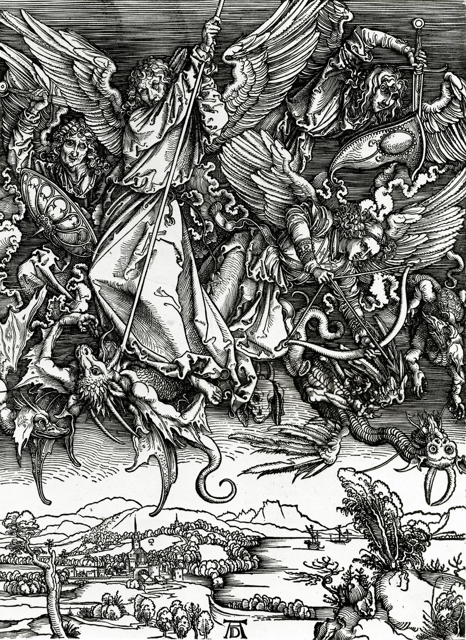 São Miguel lutando contra o dragão, 1498 de Albrecht Dürer