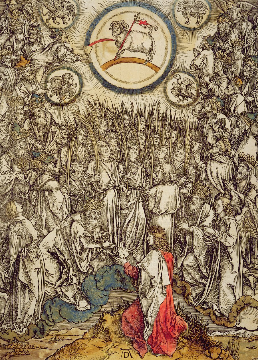 O Cordeiro de Deus aparece no Monte Sião, 1498 (cor xilogravura) de Albrecht Dürer