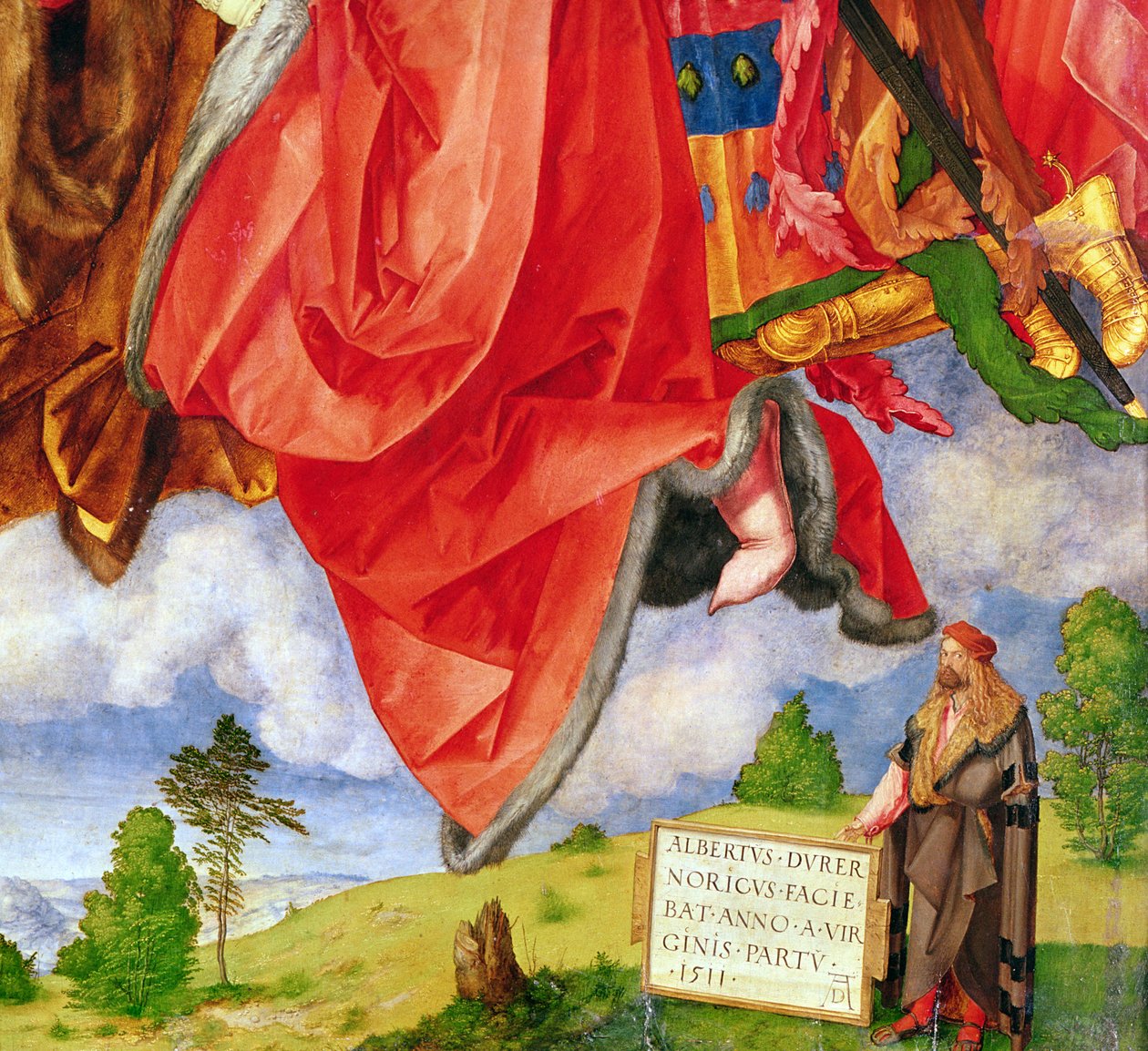 O Retábulo de Landauer, Dia de Todos os Santos, detalhe mostrando auto-retrato, 1511 (detalhe de 68677) de Albrecht Dürer