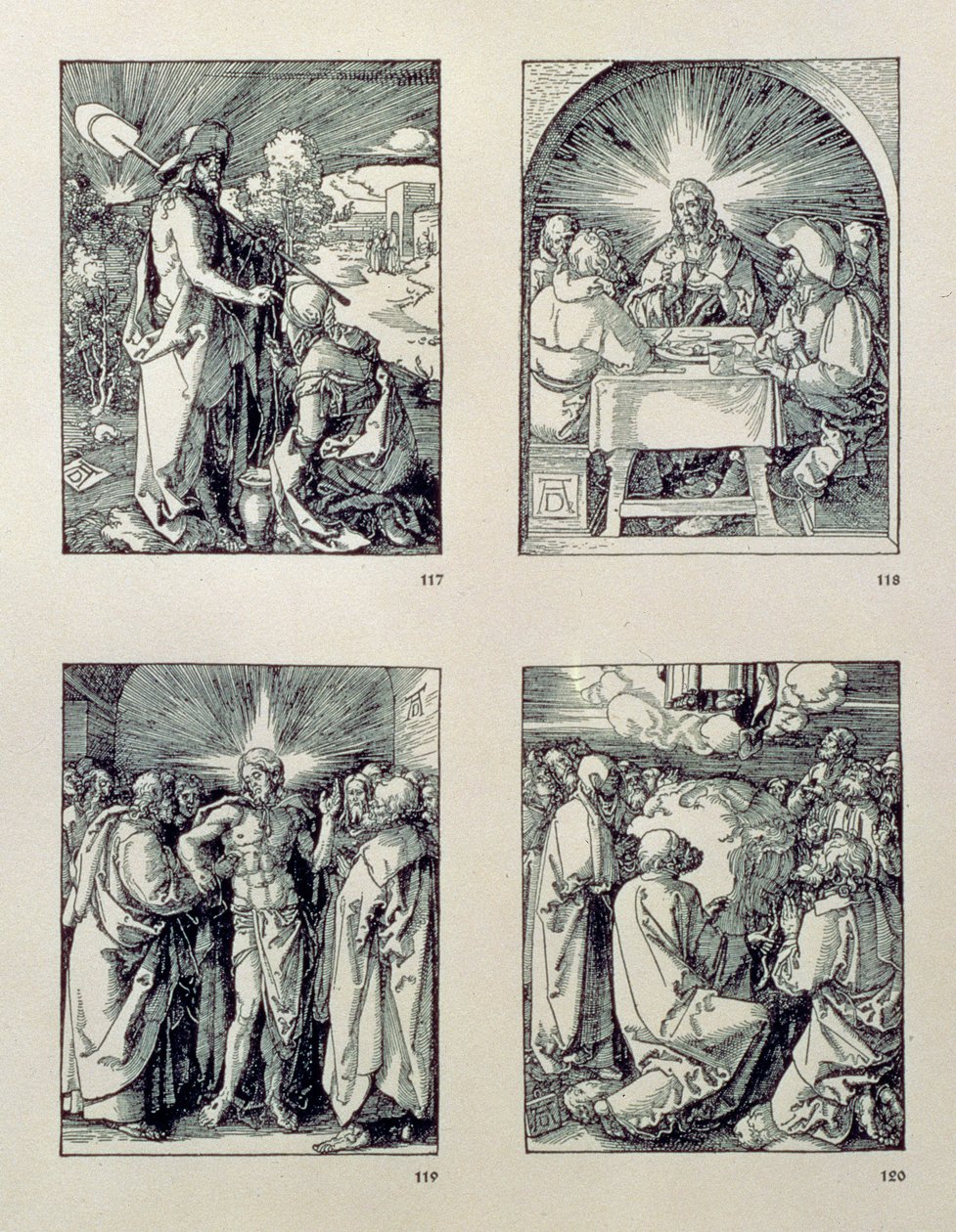 A série &39;Pequena Paixão&39;: (no sentido horário), Cristo aparece para a Madalena como jardineira; Cristo em Emaús; Cristo e o duvidoso Tomé; Ascensão, pub. 1511 de Albrecht Dürer